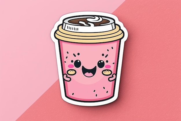 Samenstelling van kawaii cartoon koffie sticker op roze achtergrond