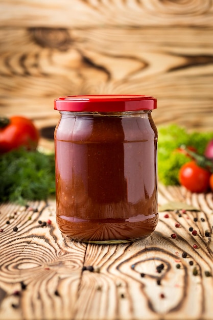 Samenstelling van ketchup tomatenpuree in pot en ingrediënten op houten achtergrond