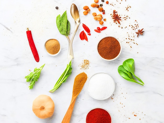Samenstelling van keukengerei specerijen en kruiden op de witte tafel