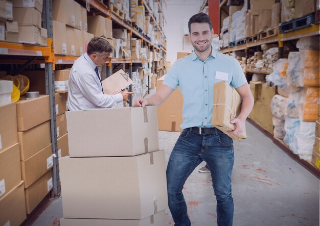 Samenstelling van lachende bezorger met trolley van kartonnen dozen in magazijn