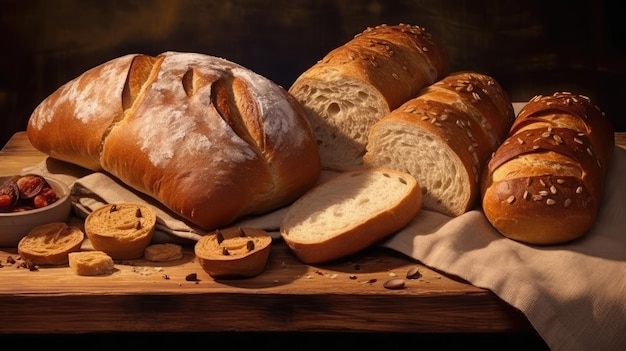 Samenstelling van verschillende soorten brood op een houten plank gecreëerd met generatieve AI-technologie