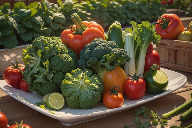 samenstelling van verse groenten op onscherpe moestuinachtergrond