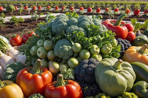 samenstelling van verse groenten op onscherpe moestuinachtergrond