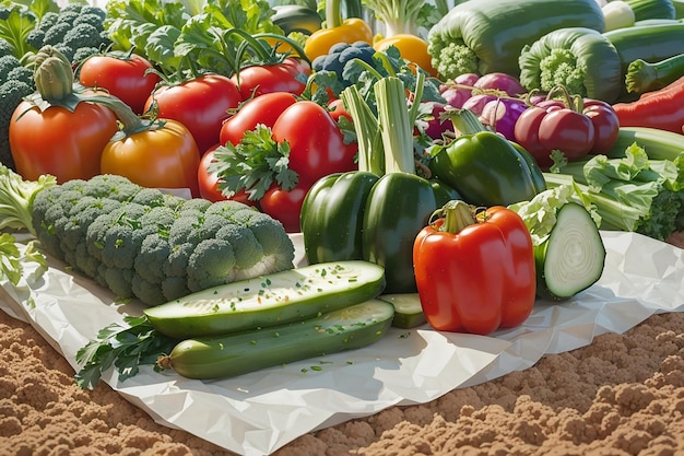 samenstelling van verse groenten op onscherpe moestuinachtergrond