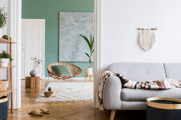 Samenstelling van woonkamer interieur met bank rotan fauteuil en boho accessoires Template