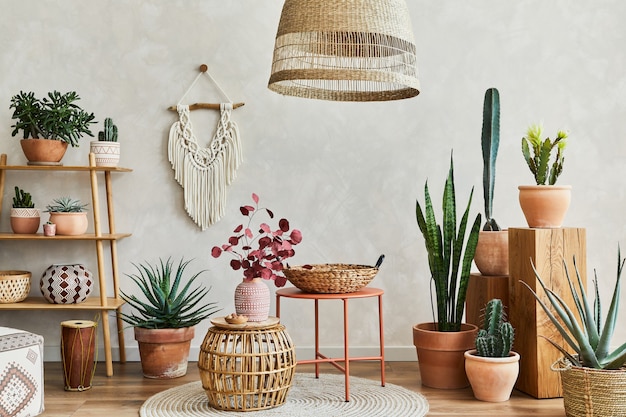 Foto samenstelling van woonkamer interieur met kopie ruimteplanten en cactussen en boho accessoires template