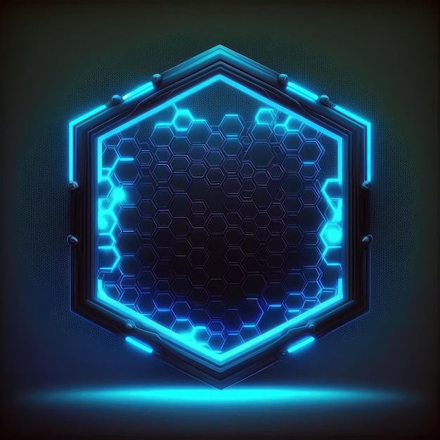 Samenvatting van gloeiend futuristisch zeshoekig frame verlicht met neonblauw in het spel