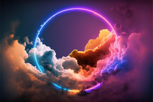 Foto samenvatting van gloeiende wolken cirkelframe verlicht met neonlicht op hemelzicht