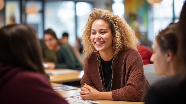 Foto samenwerkend leren diverse groep universiteitsstudenten in een seminar in een klaslokaal