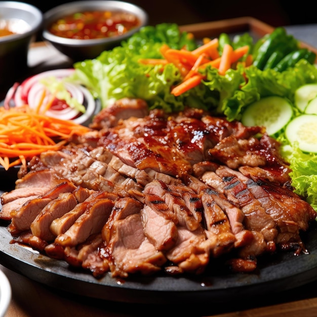 삼겹살 지글지글 한국식 삼겹살 구이의 맛이 육즙의 아름다움을 포착하고