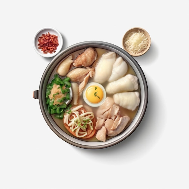 Корейская еда Samgyetang - густой клейкий суп с плавающей ИИ целиком фаршированной курицей.