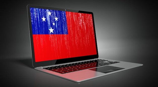 Samoa country flag and binary code on laptop screen 3D illustration