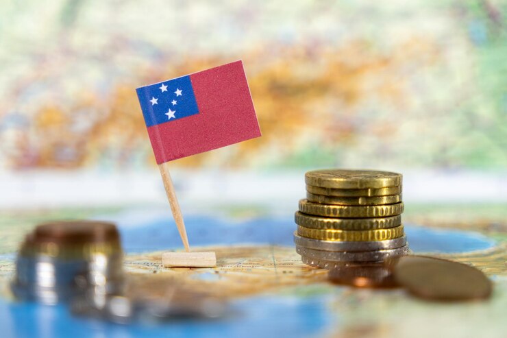 Photo samoa flag with coins on a world map symbolizing economic development national identity and financial challenges of the island nation