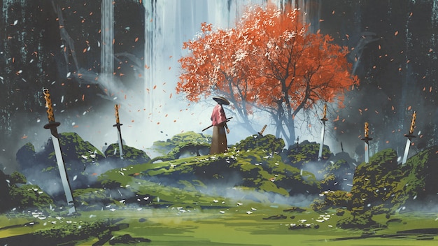samoerai staande in watervaltuin met zwaarden op de grond, digitale kunststijl, illustratie, schilderkunst