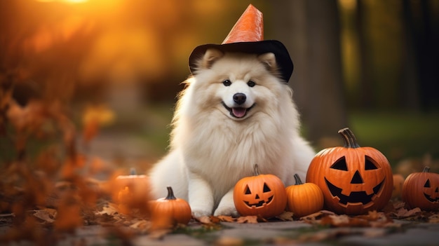 Samojeed rashond in Halloween-kostuum in het bos omringd door pompoenlantaarns