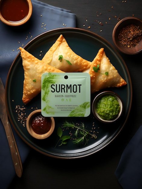 Samosa-gerecht met muntchutney en zoete tamarindchutney Sav India Culinary Culture Layout Website