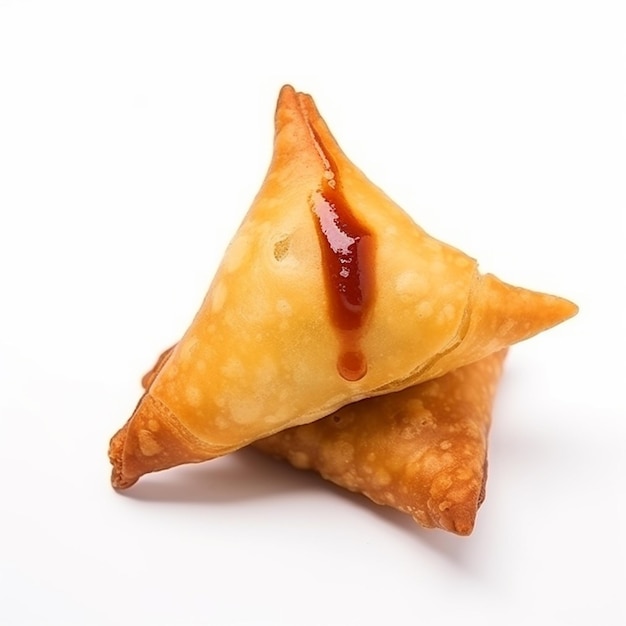 A samosa near ketchup in a white background front view