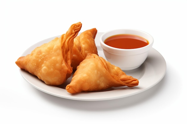 Samosa and pakora on a plate with dipping sauce isolated on white background