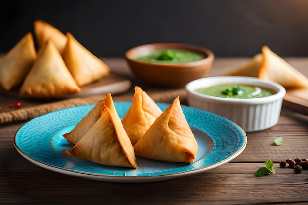 Samosa's op een bord met groene chutney