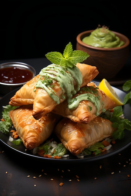 Samosa Snack met Mint Chutney en Tamarind Sauce Bold en C India Culinary Culture Layout Website