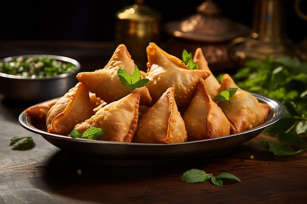 Photo samosas arranged on a platter with sprigs of fresh mint for garnish