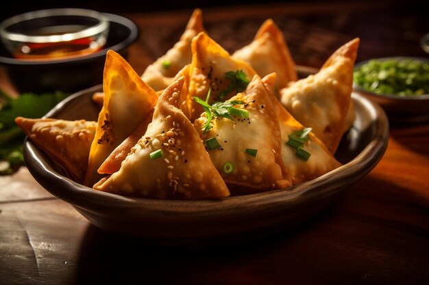 Samosas geserveerd met een kant van pittige ananaslehabanero salsa