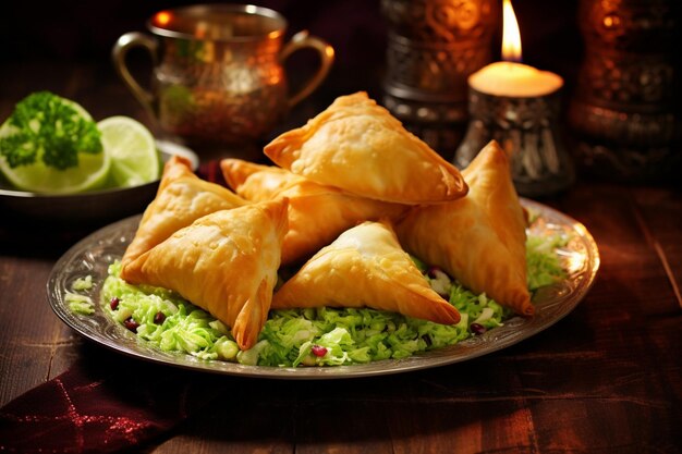 Foto samosas served on a bed of shredded cabbage for added crunch