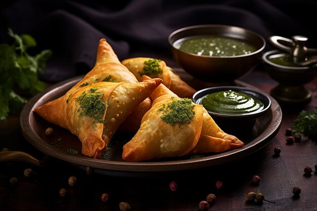 Foto samosas served with a side of spicy pineapplehabanero salsa