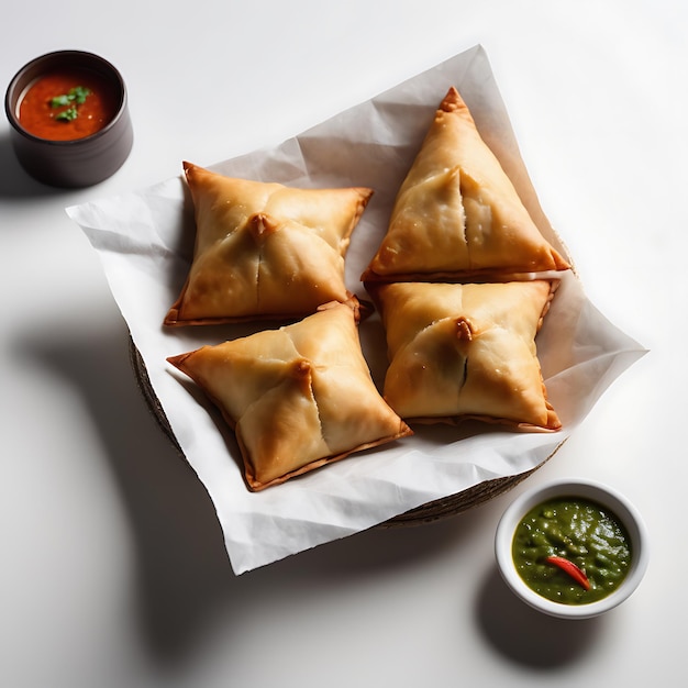 Samosas on a white background