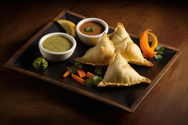 Samosas with riata dip and vegetables