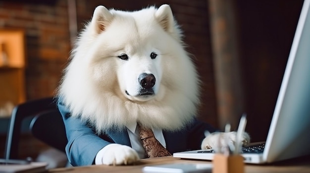 비즈니스 정장을 입은 Samoyed 개와 컴퓨터 및 Generative AI