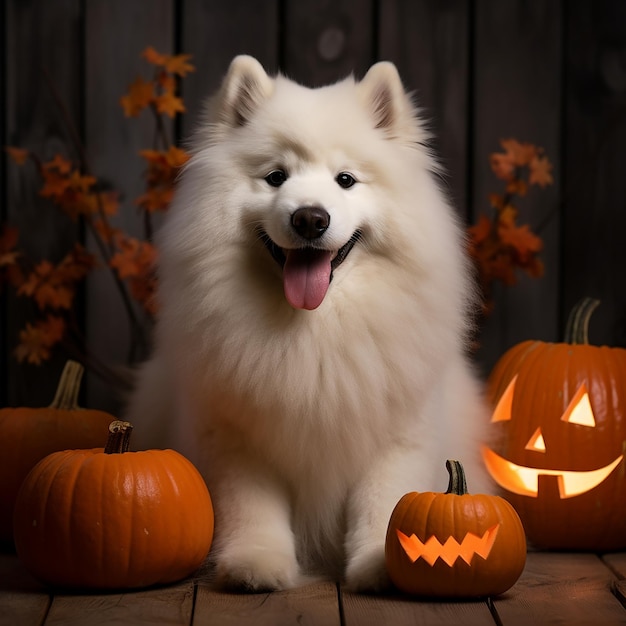 Samoyed dog sitting on Halloween in front of the door at the house entrance with a pumpkin lantern