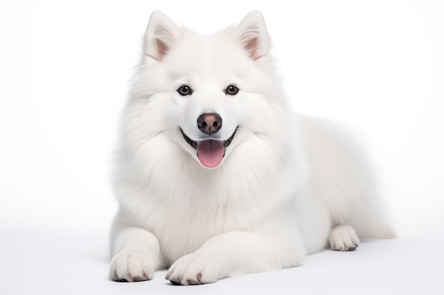 写真 白い背景に座っているサモエード犬