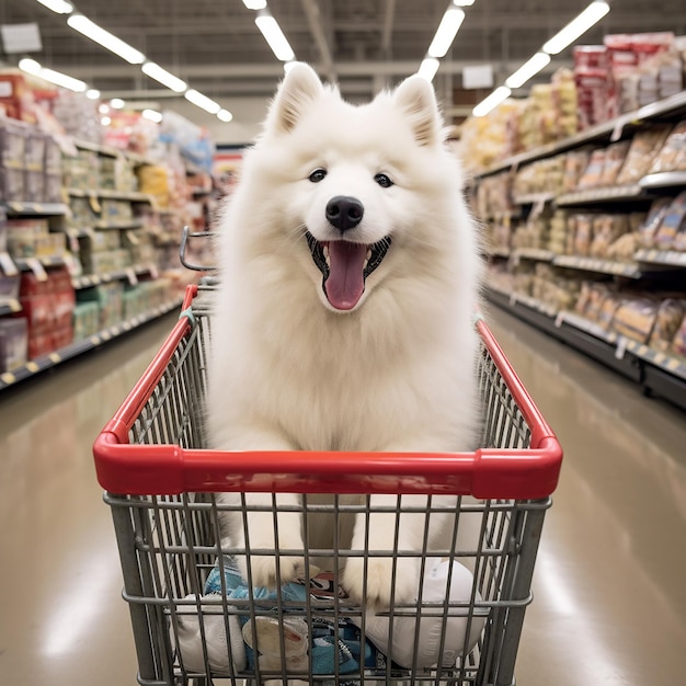 ショッピングカートに座っているサモイード犬