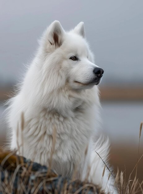 Foto cane samoiede in un campo innevato