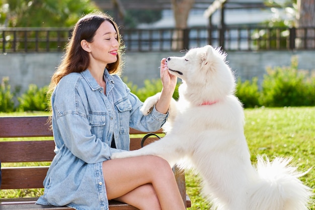 Foto cane samoiedo con la sua proprietaria al parco che giocano insieme