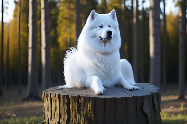 Photo samoyed sitting on a stump