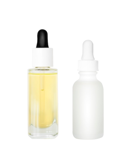 Sample of skincare serum and oil isolated on white