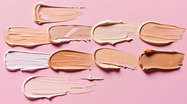 Photo samples of color correcting concealers set on pink background