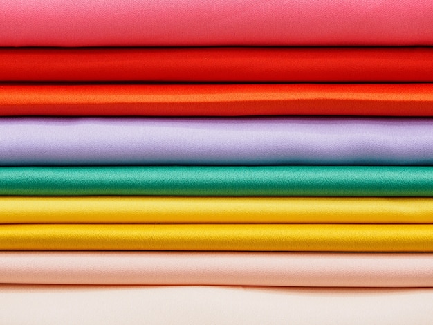 Samples of colored satin fabrics close-up.