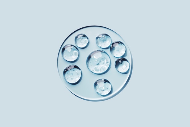 Photo samples of gel cosmetic products in a petri dish on blue background hard shadows