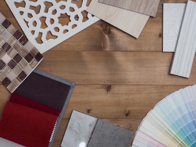 コンクリートのテーブルに素材木材のサンプルインテリア デザイン アイデアの素材を選択します装飾アイデア コンセプト ヴィンテージ素材xDxA