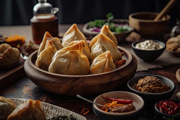 Samsa on plate surrounded by other delicious dishes