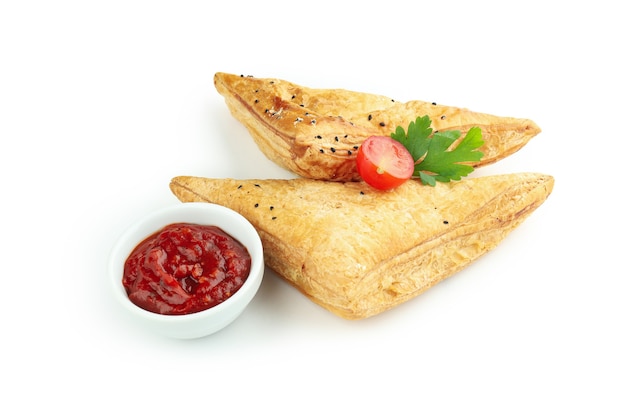 Samsa with ingredients isolated on white background