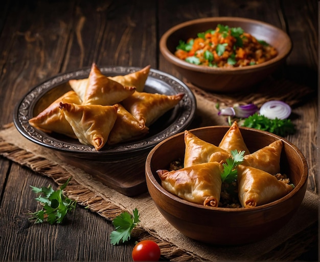 samsa with meat on a wooden background