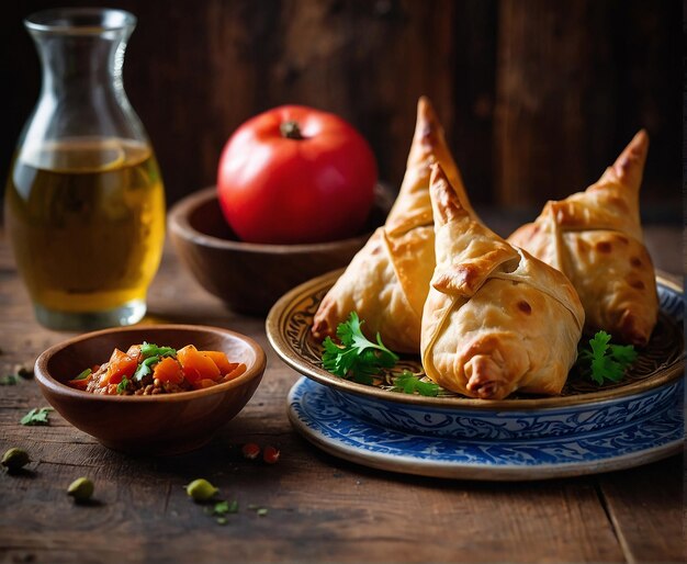 samsa with meat on a wooden background
