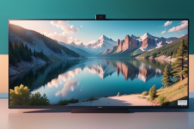 A samsung monitor with a landscape on the screen.