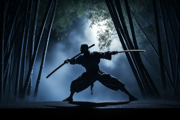 写真 夜の竹の木の中の武士 ジェネレーティブ・ai