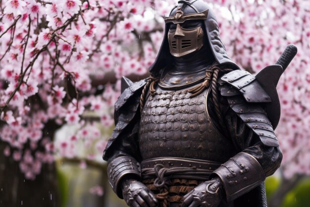 Samurai armor with cherry blossoms in the background created with generative ai