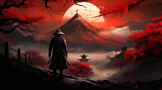 Samurai on the background of Mount Fuji